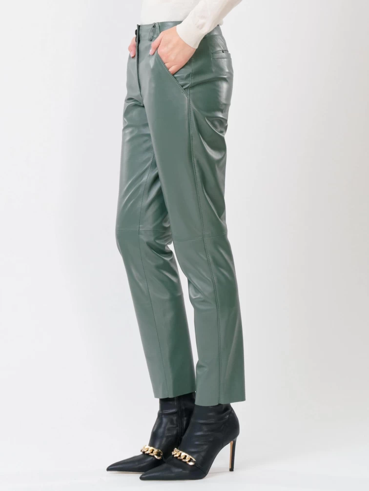 Кожаные зауженные брюки женские 03, из натуральной кожи, оливковые, р. 42, арт. 85260-5