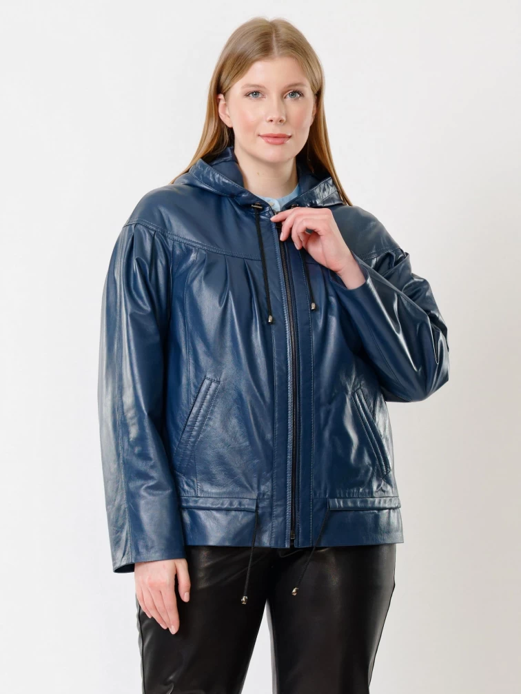 Кожаная куртка женская 303, с капюшоном, синяя, р. 54, арт. 91190-1