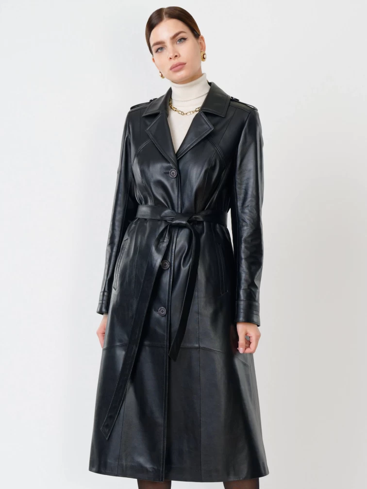 Классический кожаный женский плащ с поясом 3010, черный, размер 48, артикул 91500-1