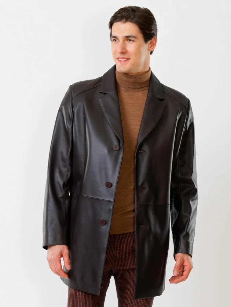 Кожаный пиджак удлиненный мужской 541, коричневый, размер 48, артикул 29530-5