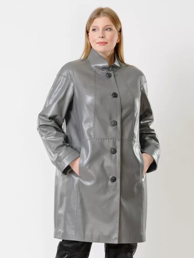 Кожаное пальто женское 378, серое, р. 46, арт. 91261-0