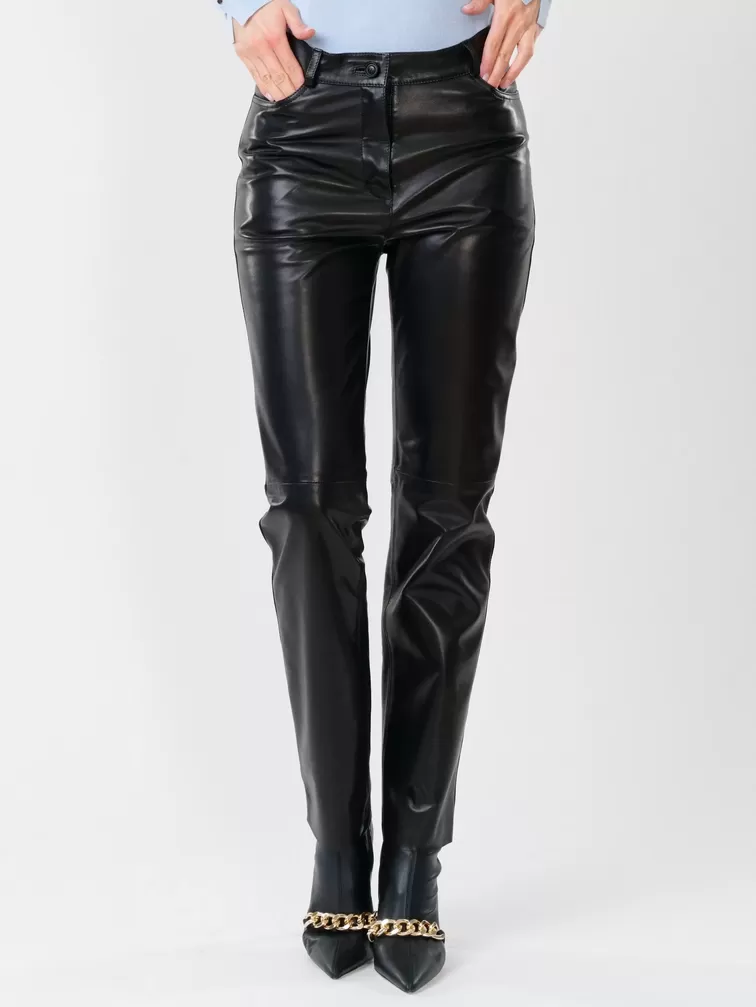 Кожаные зауженные брюки женские 02, из натуральной кожи, черные, р. 48, арт. 85230-3