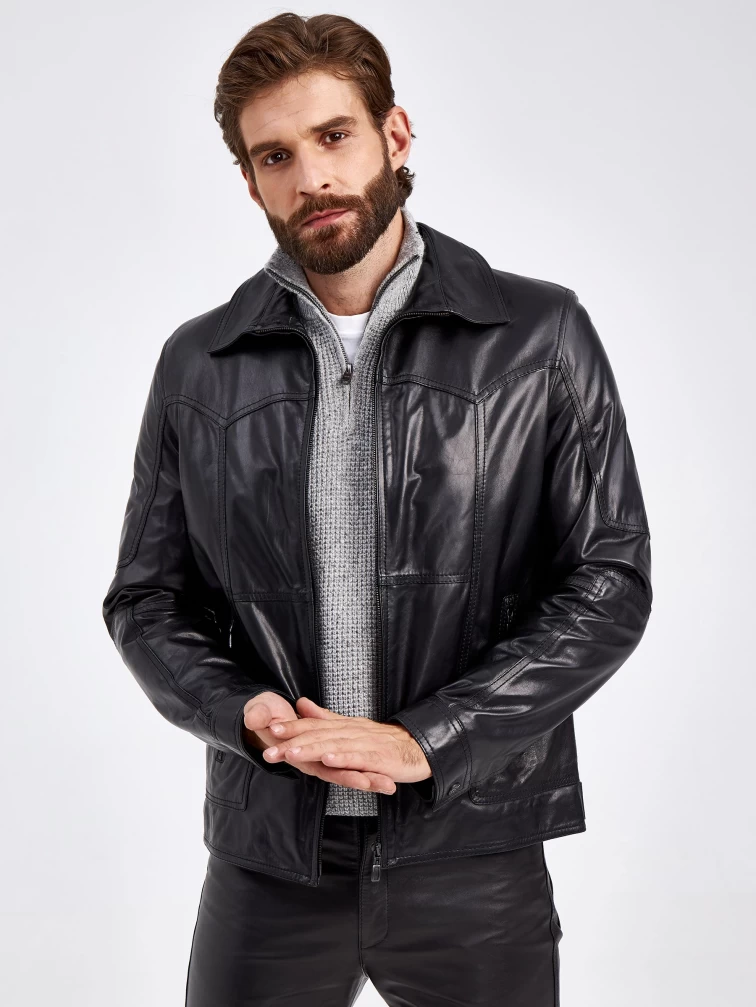 Кожаная куртка мужская 504, короткая, черная, размер 50, артикул 29330-4