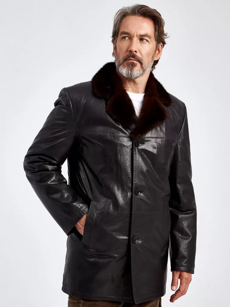 Кожаная куртка зимняя премиум класса мужская 5450, на подкладке из овчины, с воротником меха енота, коричневая, p. 46, арт. 40640-0