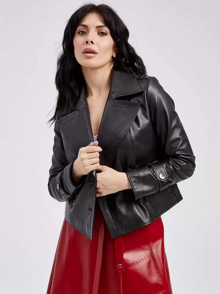 Кожаный двубортный пиджак женский 3014, черный, р. 46, арт. 91571-3