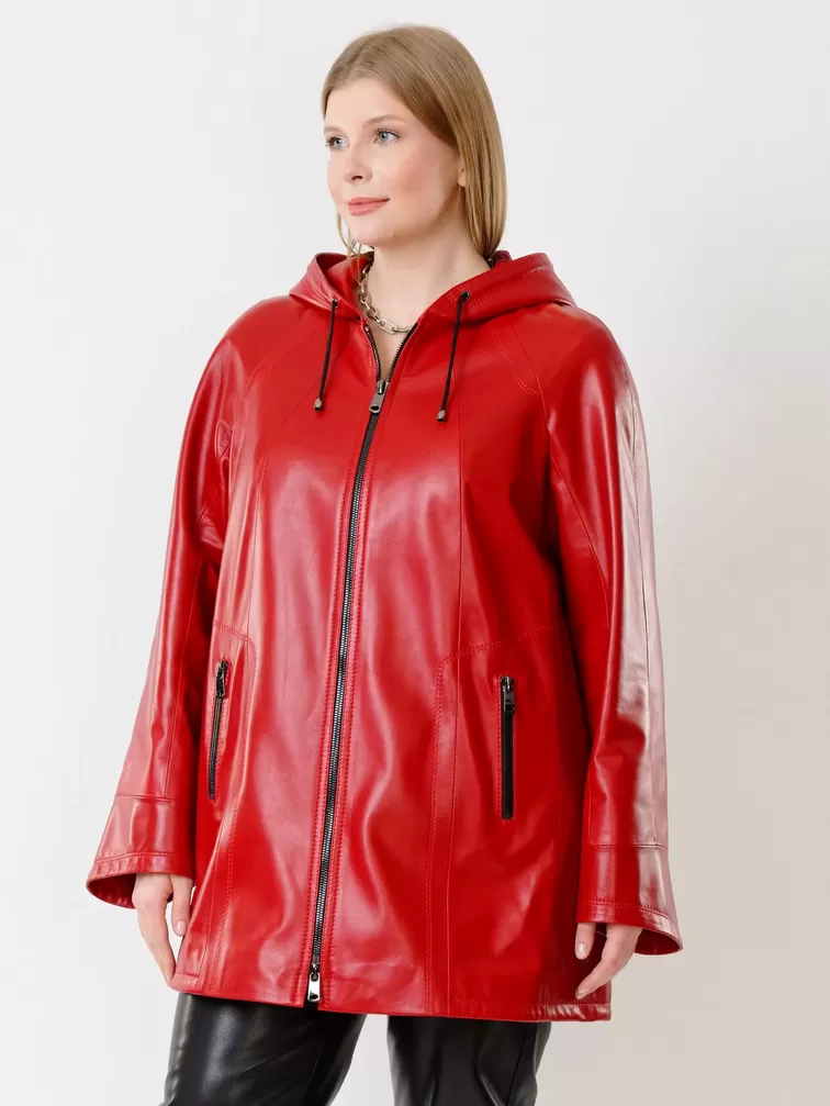 Кожаная куртка женская 383, с капюшоном, красная, р. 48, арт. 91310-1