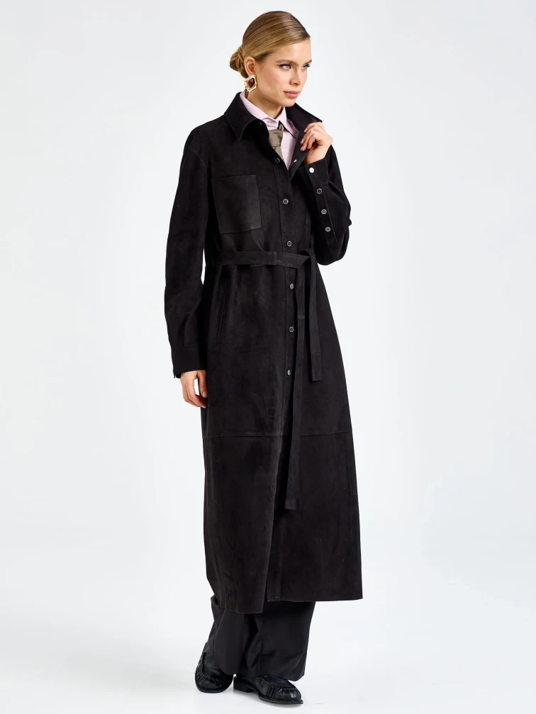 Черный женский замшевый плащ премиум класса 3112з, размер 46, артикул 92380-0