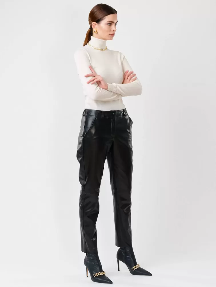 Кожаные зауженные брюки женские 03, из натуральной кожи, черные, р. 48, арт. 85240-2