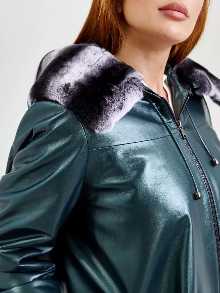Кожаная утепленная куртка женская 308уш, с капюшоном, с мехом "рекса", зеленый, р. 48, арт. 91751-4