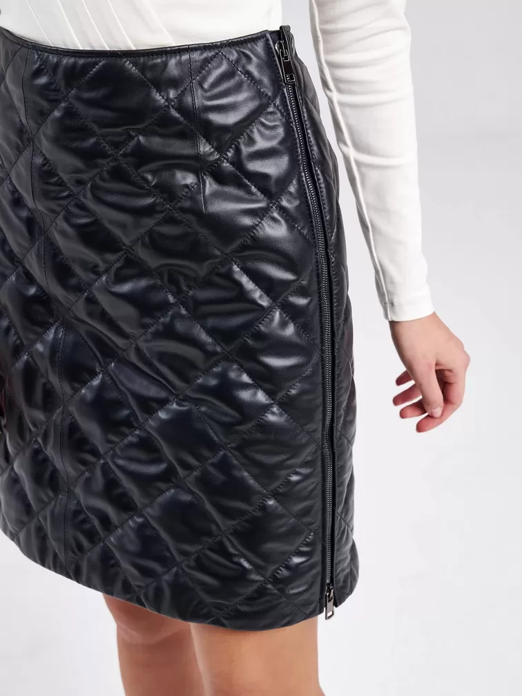 Кожаная юбка стеганная мини премиум класса женская 11, черная, р. 44, арт. 85880-4