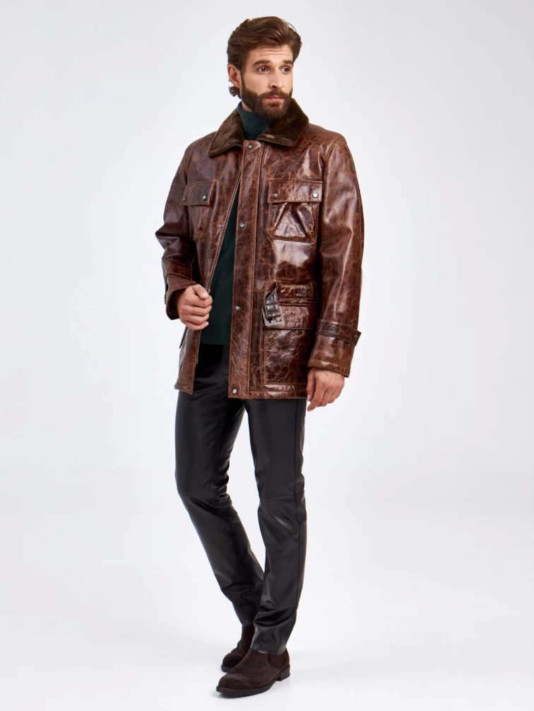 Мужская дубленка с накладными карманами на поясе СК-4/07, коричневая, размер 48, артикул 70840-1