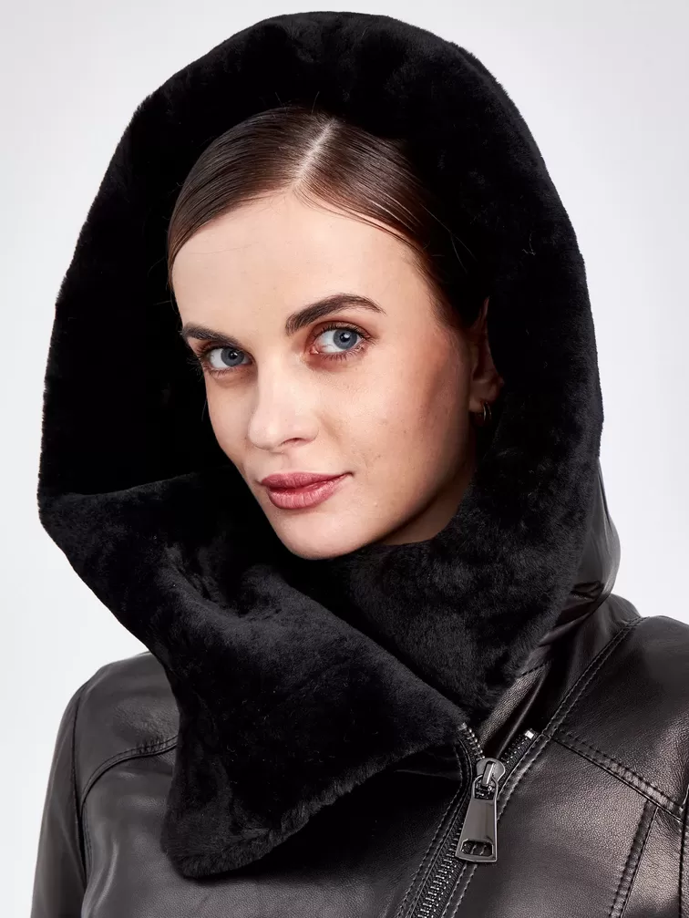 Кожаное пальто зимнее женское 390мех, с капюшоном, черное, р. 50, арт. 91800-4