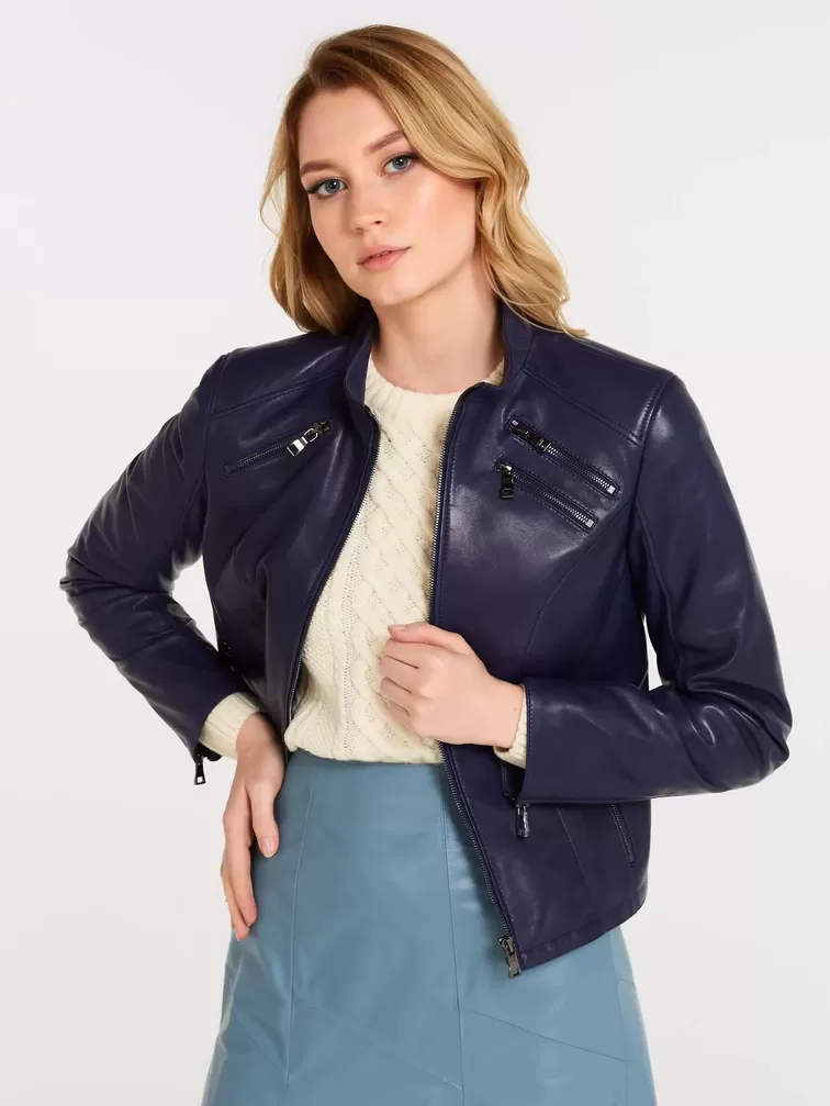 Кожаный комплект женский: Куртка 3004 + Юбка 01рс, синий/голубой, р. 44, арт. 111122-1