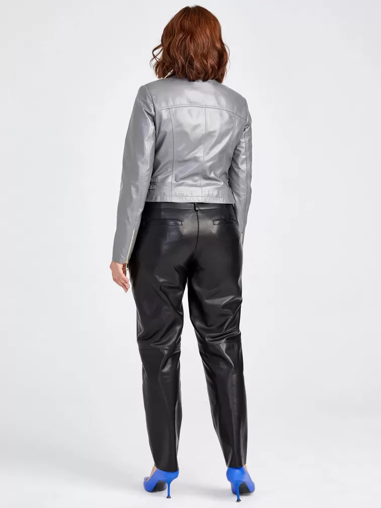 Кожаный комплект женский: Куртка 389 + Брюки 03, серый/черный, р. 42, арт. 111116-1