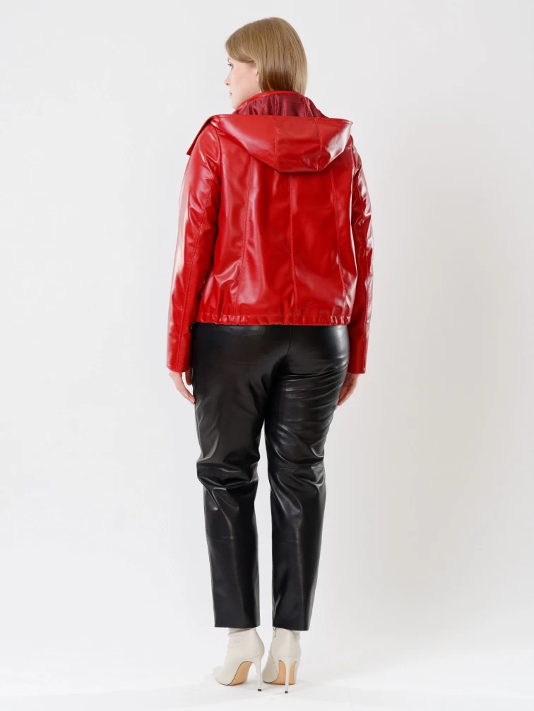 Кожаная женская куртка бомбер с капюшоном 305, красная, размер 48, артикул 91440-5