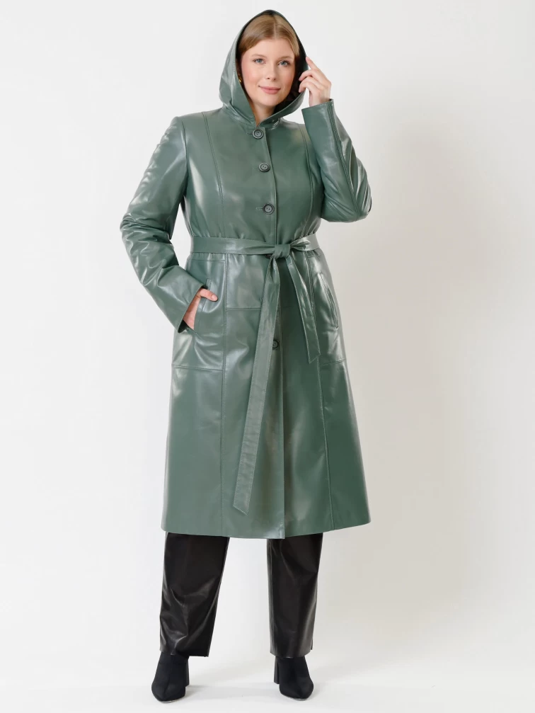 Кожаный утепленный плащ женский 380нш, с капюшоном, оливковый, размер 48, артикул 91280-3