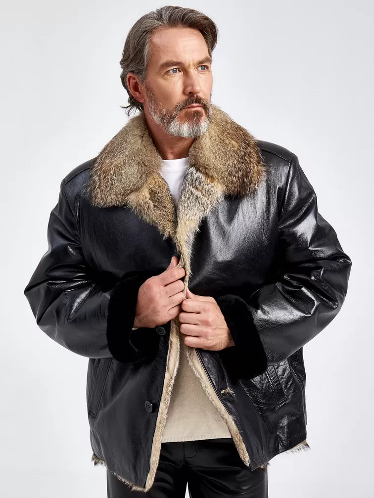 Кожаная куртка зимняя мужская Antonio, на подкладке из меха лисицы, черная, p. 56, арт. 40820-3