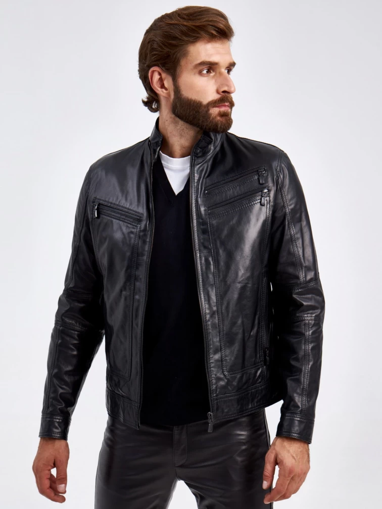 Короткая кожаная мужская куртка 502, черная, размер 50, артикул 29110-6