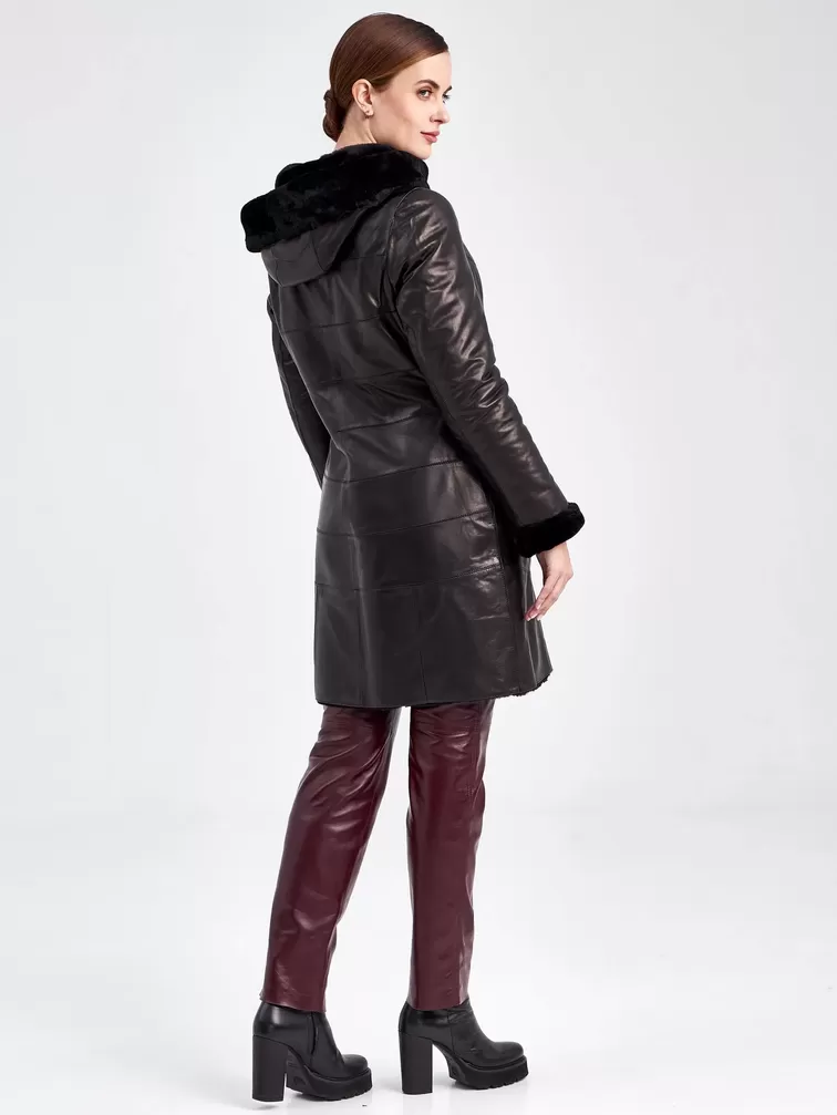 Кожаное пальто зимнее женское 391мех, с капюшоном, черное, р. 46, арт. 91820-2