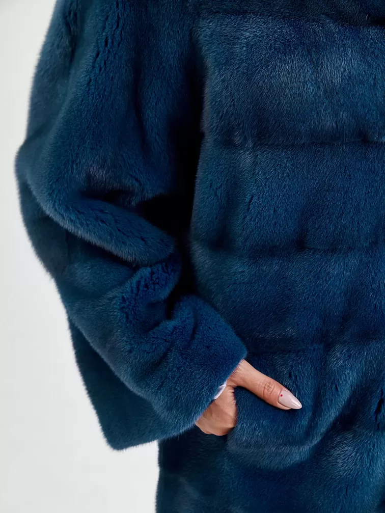 Пальто из меха норки женское 18А182(ав), длинное, синее, р. 44, арт. 33070-4