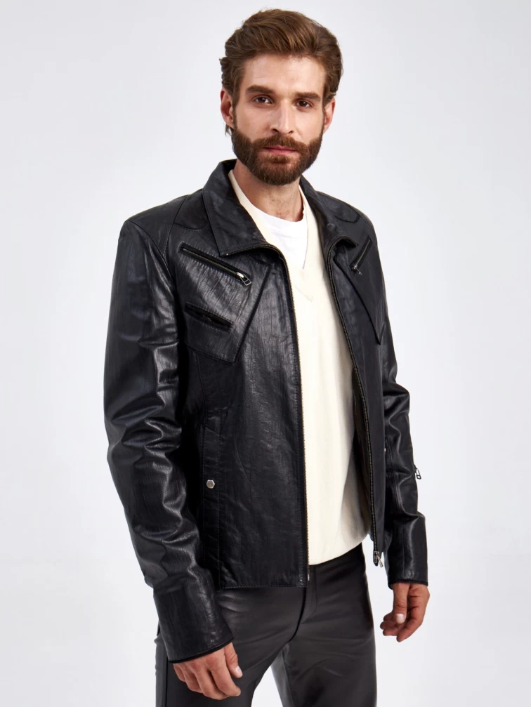 Кожаная куртка мужская 2010-4, короткая, черная, p. 50, арт. 29260-3