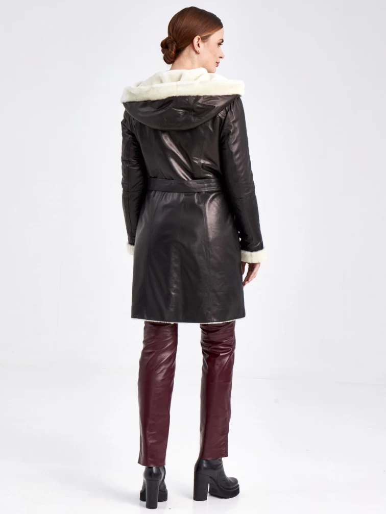 Кожаное пальто зимнее женское 390мех, с капюшоном, черно-белое, р. 50, арт. 91810-2