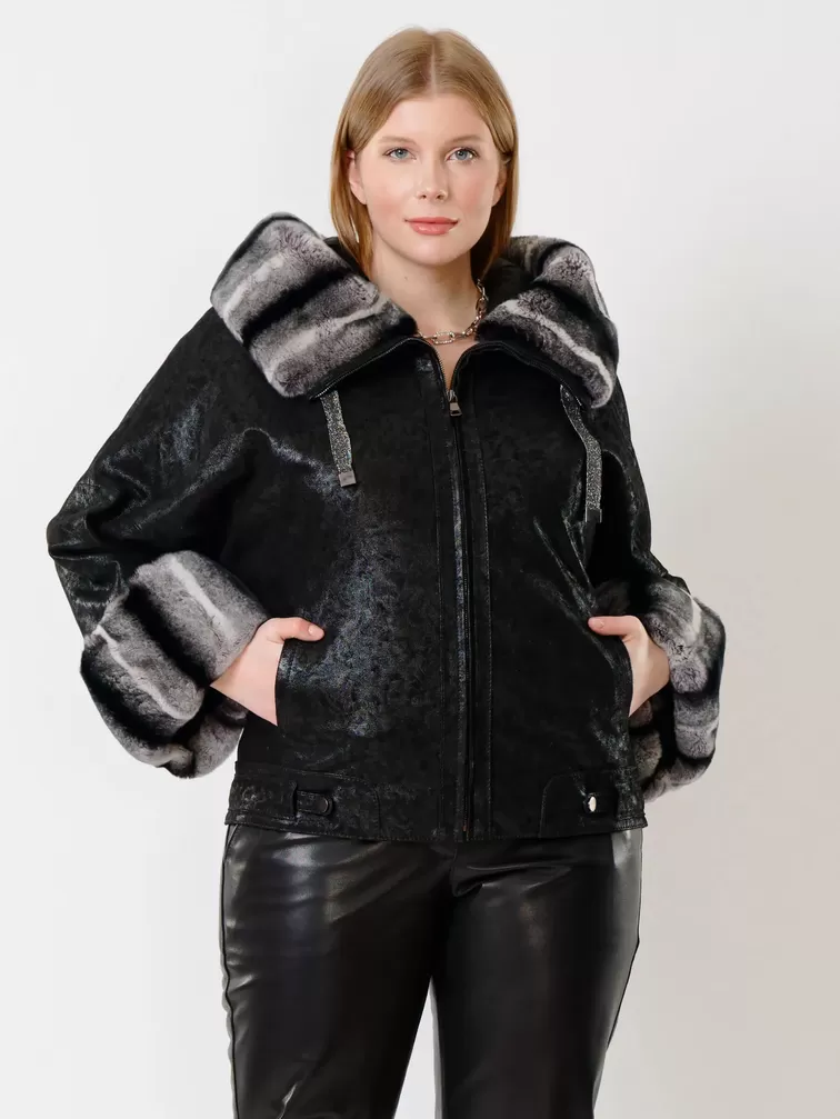 Замшевая утепленная куртка женская 397ш, с мехом "рекса", черная, р. 48, арт. 23721-2