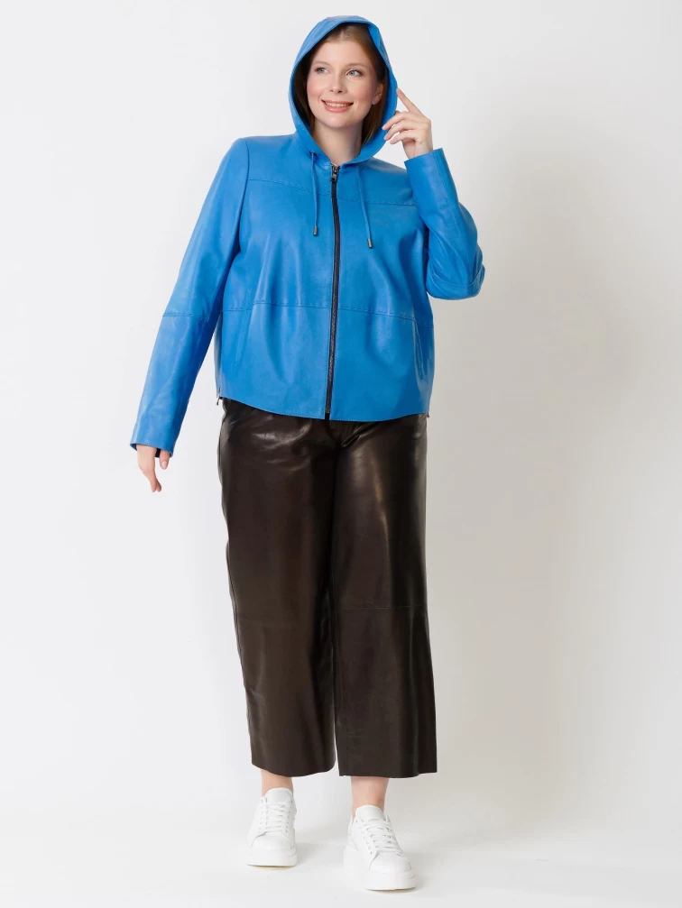 Женская кожаная куртка с капюшоном 308рс, голубая, размер 54, артикул 91221-3