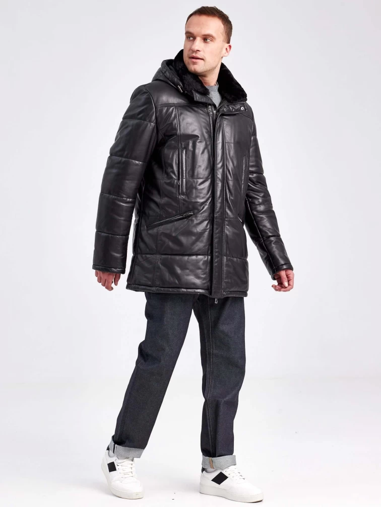 Кожаный пуховик зимний мужской 5520, со съемным капюшоном, черный, размер 52, артикул 41010-1