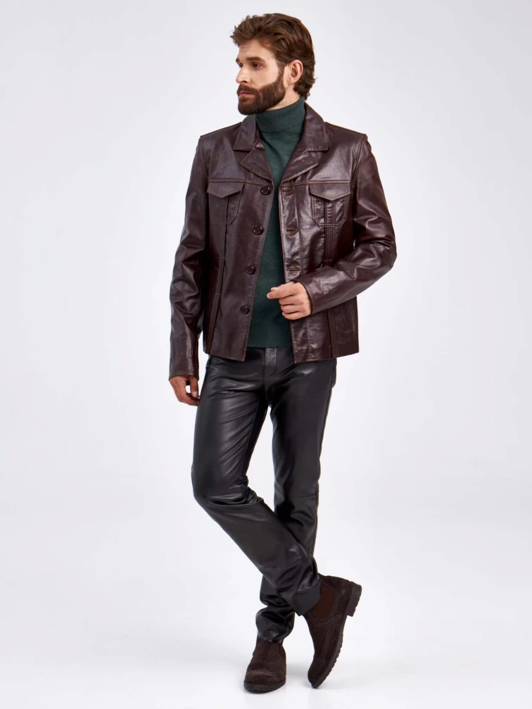 Короткий кожаный мужской пиджак 2010-7, коричневый, размер 48, артикул 29310-1