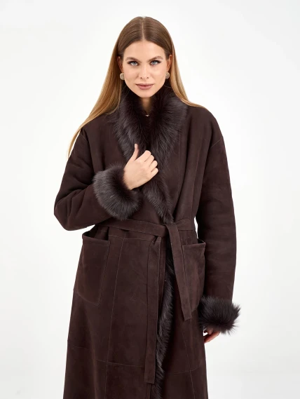 Коричневая женская дубленка из тосканы 2020, коричневая, размер 42, артикул 65090-4