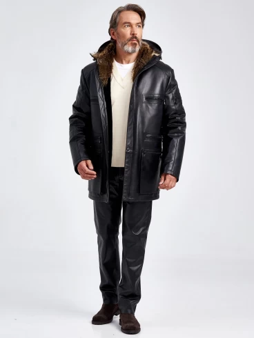 Кожаная куртка зимняя премиум класса мужская 513мех, на подкладке из овчины, черная, размер 54, артикул 41740-1