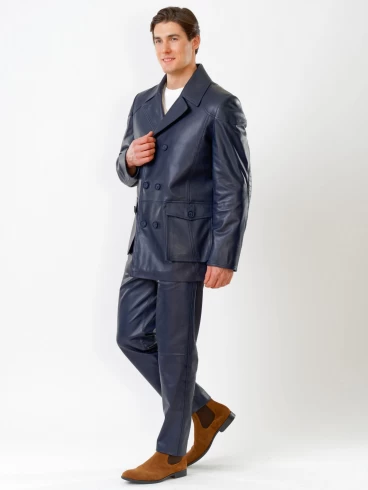 Двубортная мужская кожаная куртка бушлат 549, синяя, размер 50, артикул 28360-3