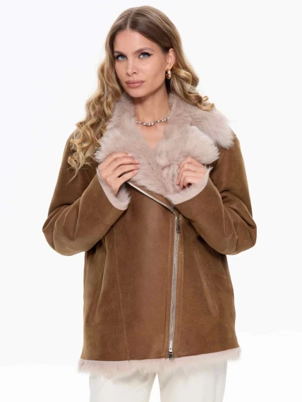 Короткая женская дубленка из тосканы 2068, бежевая, размер 46, артикул 64730-4