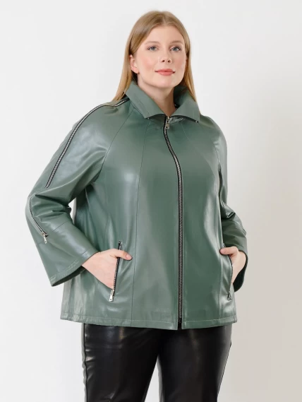 Кожаный комплект женский: Куртка 385 + Брюки 04, оливковый/черный, размер 48, артикул 111381-5
