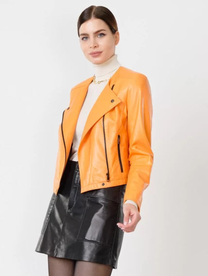 Кожаный комплект женский: Куртка 389 + Мини-юбка 03, оранжевый/черный, размер 42, артикул 111114-5