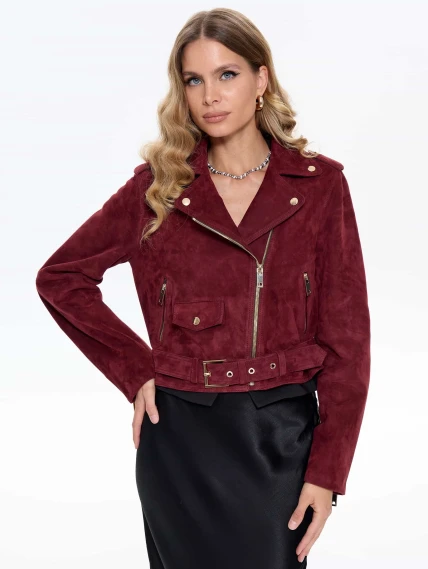 Женская замшевая куртка косуха с поясом премиум класса 3080з, бордовая, размер 44, артикул 24740-4