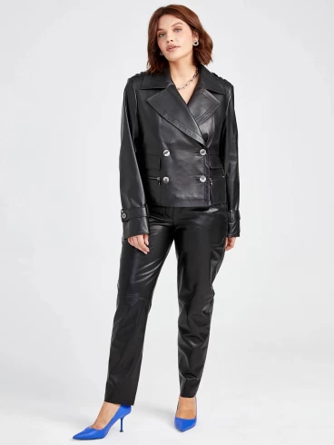 Двубортный кожаный женский пиджак 3014, черный, размер 48, артикул 91570-1