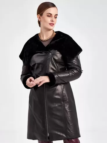 Кожаное пальто зимнее женское 390мех, с капюшоном, черное, р. 50, арт. 91800-0