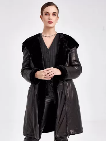 Кожаное пальто зимнее женское 394мех, с капюшоном, черное, р. 50, арт. 91870-3