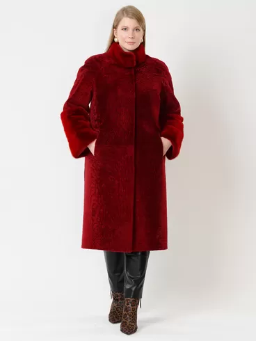 Пальто из астрагана утепленное женское 52мех, с мехом норки, бордовое, р. 48, арт. 17540-3