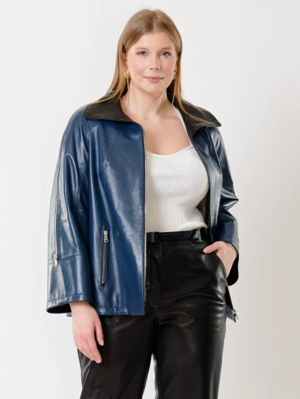 Кожаный комплект женский: Куртка 385 + Брюки 04, синий/черный, размер 48, артикул 111383-5