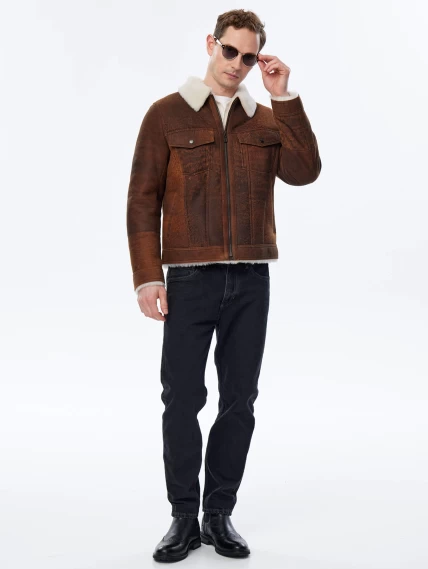 Мужская дубленка в джинсовом стиле премиум класса 437, коричневая, размер 50, артикул 71490-1