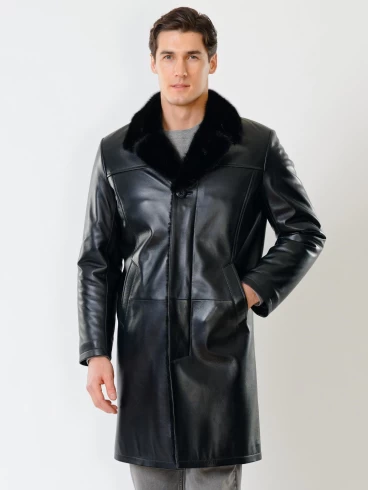 Мужское зимнее кожаное пальто с норковым воротником премиум класса 533мех, черное, размер 50, артикул 71060-2
