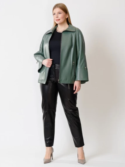 Кожаный комплект женский: Куртка 385 + Брюки 04, оливковый/черный, размер 48, артикул 111381-2
