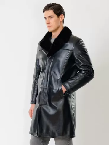 Кожаное пальто зимнее премиум класса мужское 533мех, воротник с мехом норки, черное, р. 50, арт. 71060-6