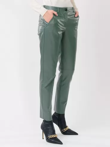 Кожаные зауженные брюки женские 03, из натуральной кожи, оливковые, р. 52, арт. 85260-4