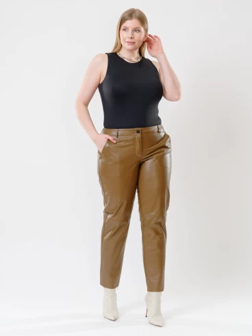 Кожаные зауженные женские брюки из натуральной кожи 03, серо-коричневые, размер 46, артикул 85520-0