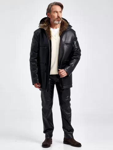 Кожаная куртка зимняя премиум класса мужская 513мех, на подкладке из овчины, черная, p. 54, арт. 41740-5