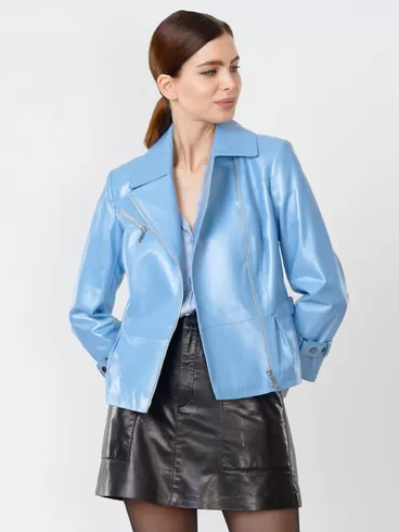Кожаный комплект: Куртка женская 307 + Юбка женская 03, голубой перламутр/черный, р. 44, арт. 111216-4